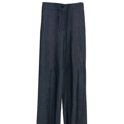 Rondooz Blue Quiet Line - Women's Handmade Denim Pants With Side Slit Detail