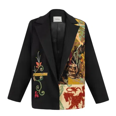 Rondooz Women's Black Narrative Panel Gobelin - Hand Painted Crepe Gobelin Blazer With Antique Tapestry