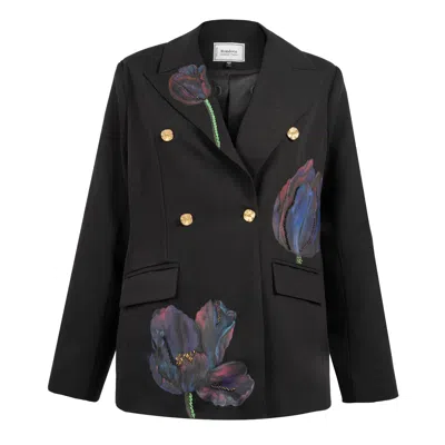 Rondooz Women's Black Night Bloom - Hand Painted Crepe Blazer With Floral Stone Embellishment