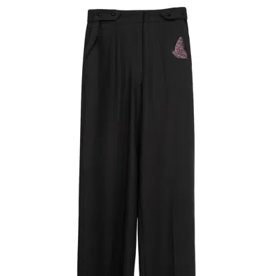 Rondooz Women's Black Night Butterfly - Hand Painted Crepe Pants With Floral Stone Embellishment