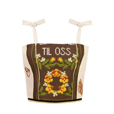Rondooz Women's Brown Nordic Crown - Hand Painted Linen Gobelin Crop Top With Antique Tapestry