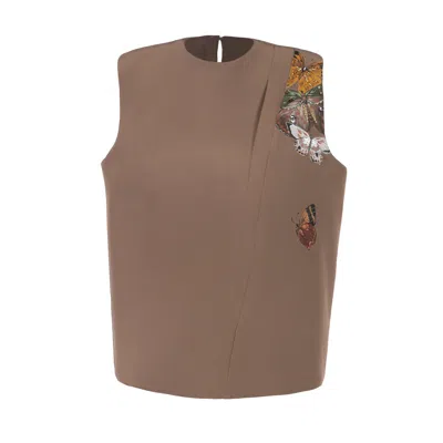 Rondooz Women's Brown Silent Butterfly - Hand Painted Crepe Top With Butterfly Stone Embellishment