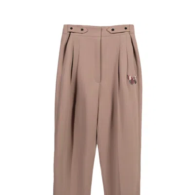 Rondooz Women's Brown Tailored Flow - Hand Painted Crepe Pants With Floral Stone Embellishment & Butterfly D In Neutral
