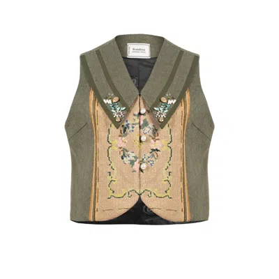 Rondooz Women's Green Olive Bloom - Hand Painted Denim Vest With Antique Gobelin Tapestry In Brown