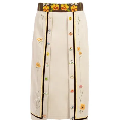 Rondooz Women's Neutrals Crown Waist - Hand Painted Linen Skirt With Antique Gobelin Tapestry