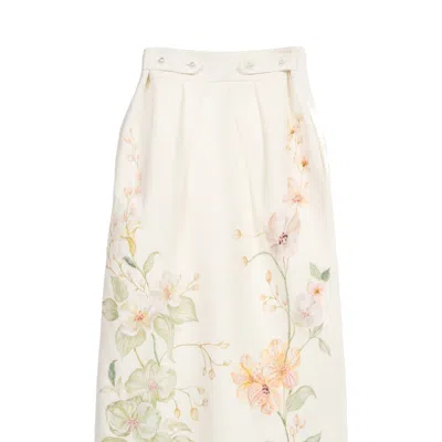 Rondooz Women's White Garden Flow - Hand Painted Linen Skirt With Stone Embellishment & Floral Design In Neutral