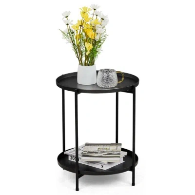 Rondzakz 2-tier Patio Side Table, Outdoor Metal Round Small Coffee Table With Removable Tray, Weather Resista In Black