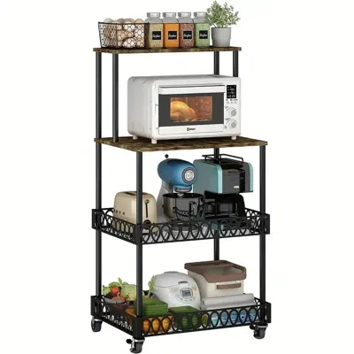 Rondzakz 4 Tier Kitchen Baker Rack Coffee Bar Station Microwave Oven Stand Rustic Brown Storage Shelf For Spi In Black