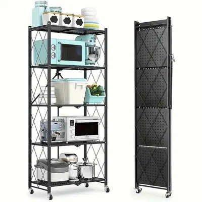 Rondzakz 5-tier Foldable Storage Rack With Wheels Multi-purpose Metal Organizer For Kitchen Garage Laundry Ro In Black