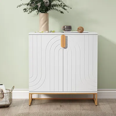 Rondzakz Accent Wood Grain Cabinet With 2 Doors, Storage Cabinet Sideboard With Gold Metal Legs For Living Ro In White