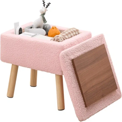 Rondzakz Rectangular Storage Ottoman With Teddy Fleece Upholstery, Solid Wood Legs, Foot Stool Bench For Entr In Pink