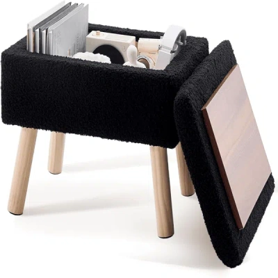 Rondzakz Rectangular Storage Ottoman With Teddy Fleece Upholstery, Solid Wood Legs, Foot Stool Bench For Entr In Black