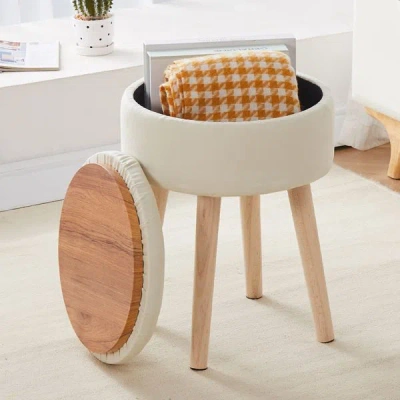 Rondzakz Storage Ottoman Linen Round Vanity Stool Tray Top Modern Foot Stool With Wood Legs Multifunctional U