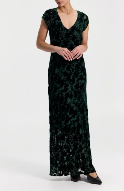 Ronen Chen Burnout Velvet Maxi Dress With V-neck In Green