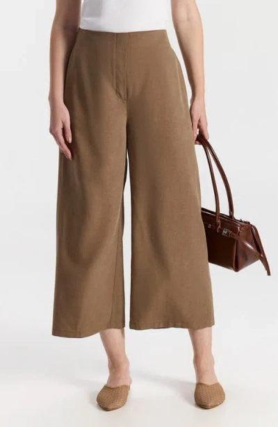 Ronen Chen Moran High Waist Midi Flowy Trousers In Light Brown