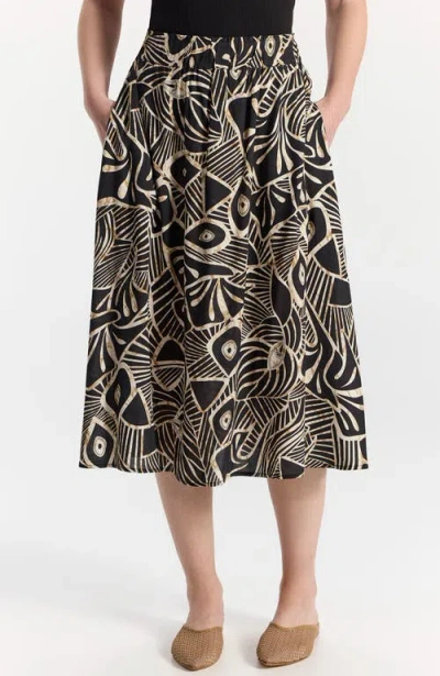Ronen Chen Varda Graphic A-line Midi Skirt In Black With Brown-cream Pattern