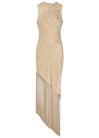 Ronny Kobo Alexina Asymmetric Tassel Silk-blend Midi Dress In Brown