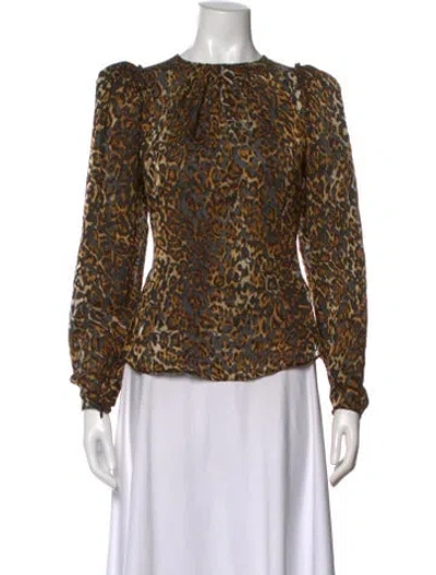 Pre-owned Ronny Kobo Animal Print Crew Neck Blouse In Brown