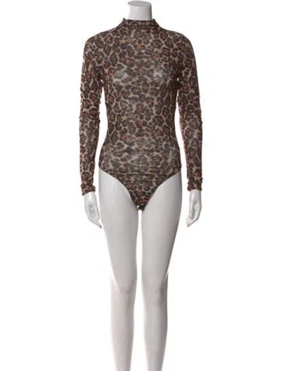 Pre-owned Ronny Kobo Animal Print Turtleneck Bodysuit W/ Tags In Brown