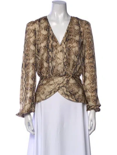 Pre-owned Ronny Kobo Animal Print V-neck Blouse In Brown
