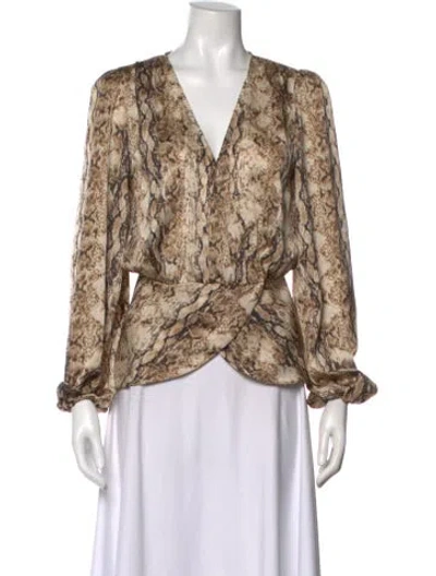Pre-owned Ronny Kobo Animal Print V-neck Blouse In Brown