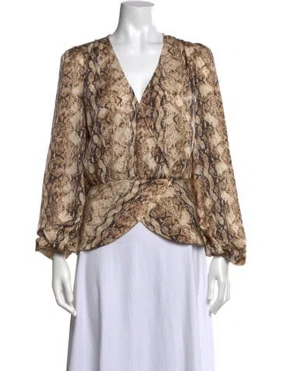 Pre-owned Ronny Kobo Animal Print V-neck Blouse In Brown