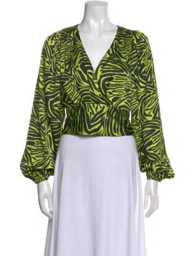 Pre-owned Ronny Kobo Animal Print V-neck Blouse In Green