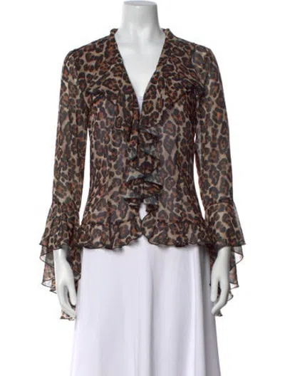 Pre-owned Ronny Kobo Animal Print V-neck Blouse In Neutrals
