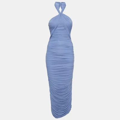 Ronny Kobo Blue Stretch Jersey Ruched Ella Halter Maxi Dress