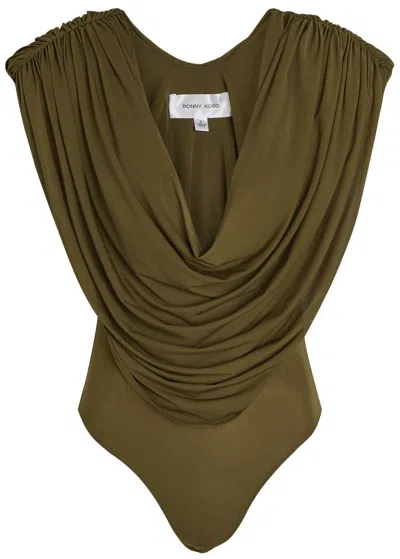 Ronny Kobo Cindi Draped Cowl-neck Stretch-mesh Bodysuit In Green