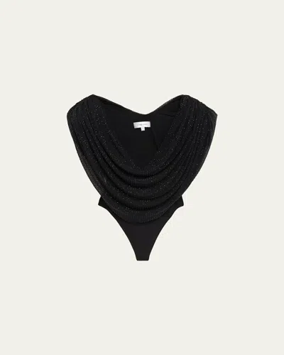 Ronny Kobo Cindi Draped Rhinestone-embellished Bodysuit In Black