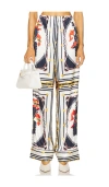 Ronny Kobo Dora Satin Straight Leg Pants In Multi Scarf In White,navy
