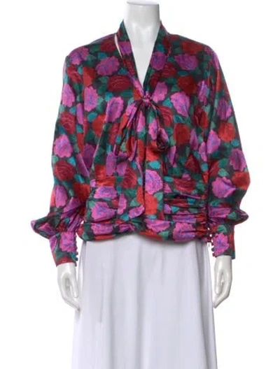 Pre-owned Ronny Kobo Floral Print Tie Neck Blouse In Multi