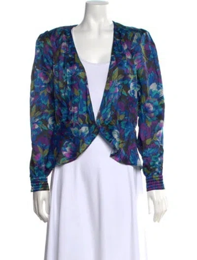 Pre-owned Ronny Kobo Floral Print V-neck Blouse In Blue