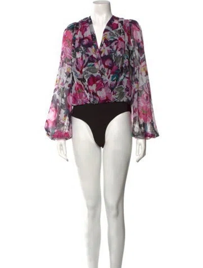 Pre-owned Ronny Kobo Floral Print V-neck Bodysuit In Pink