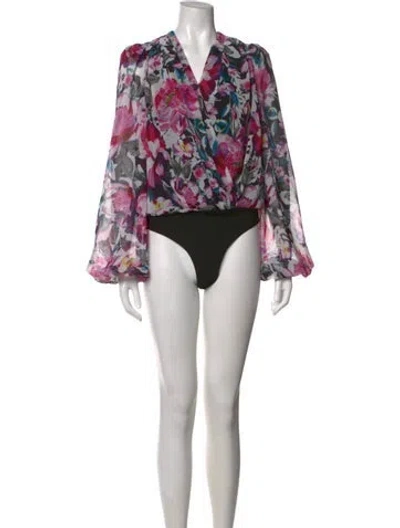 Pre-owned Ronny Kobo Floral Print V-neck Bodysuit In Purple