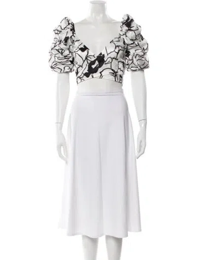 Pre-owned Ronny Kobo Floral Print V-neck Crop Top In White