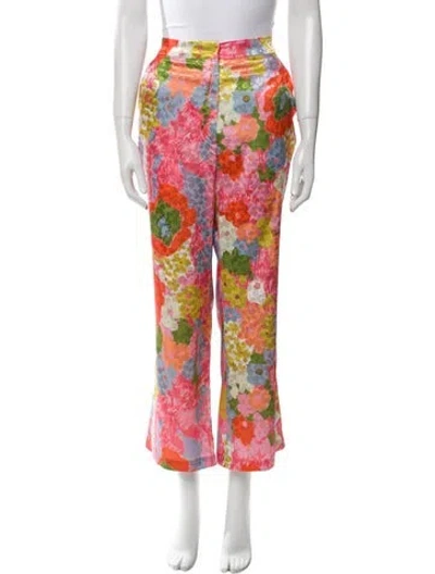 Pre-owned Ronny Kobo Floral Print Wide Leg Pants In Orange