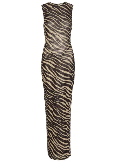 Ronny Kobo Krisa Zebra-print Mesh Maxi Dress In Brown