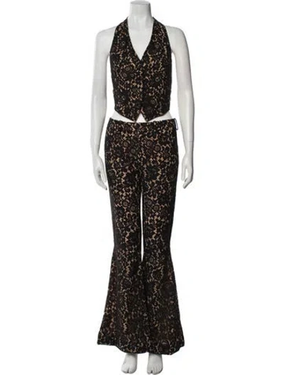 Pre-owned Ronny Kobo Lace Pattern Lace Trim Embellishment Pant Set In Black