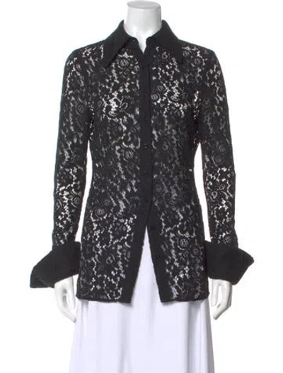 Pre-owned Ronny Kobo Lace Pattern Long Sleeve Blouse In Black