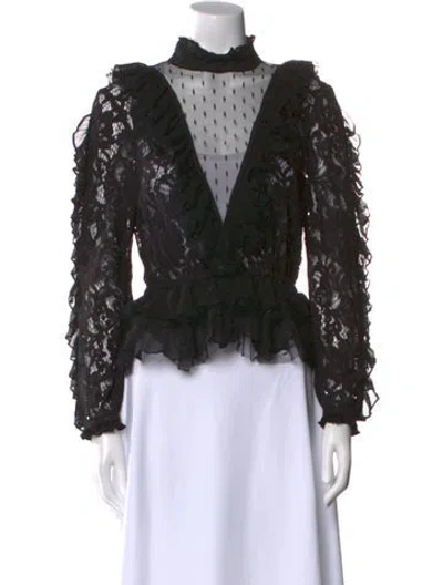 Pre-owned Ronny Kobo Lace Pattern Mock Neck Blouse In Black