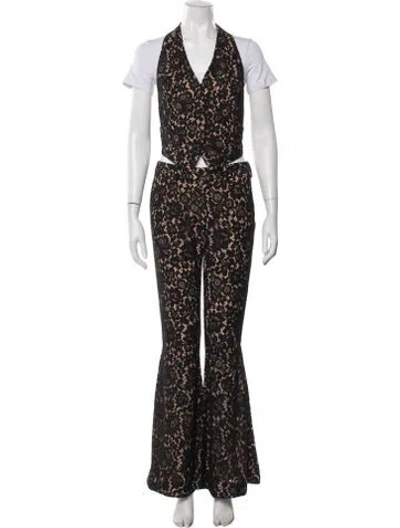 Pre-owned Ronny Kobo Lace Pattern Ruffle Embellishment Pantsuit In Black