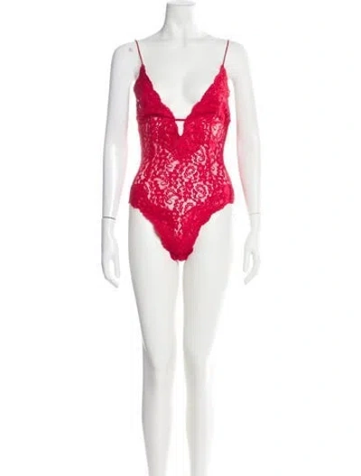 Pre-owned Ronny Kobo Lace V-neck Bodysuit In Red