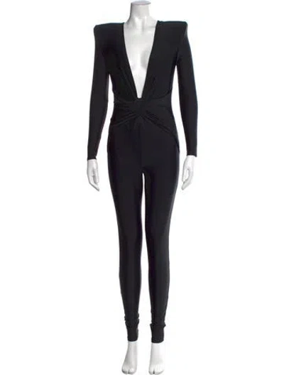 Pre-owned Ronny Kobo Nylon Plunge Neckline Jumpsuit In Black