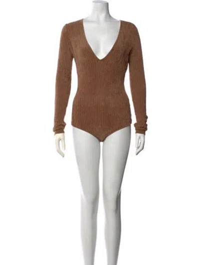 Pre-owned Ronny Kobo Nylon V-neck Bodysuit In Brown