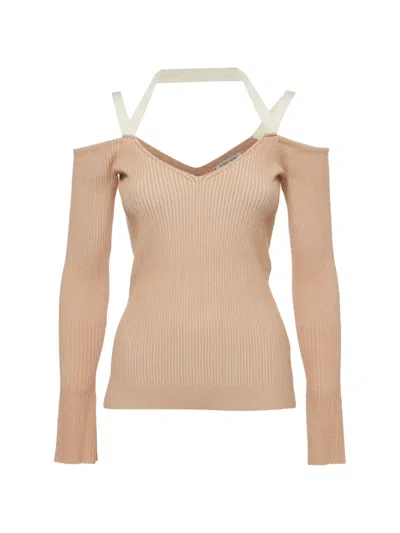 Pre-owned Ronny Kobo Off-the-shoulder Ribbed-knit Top In Neutrals