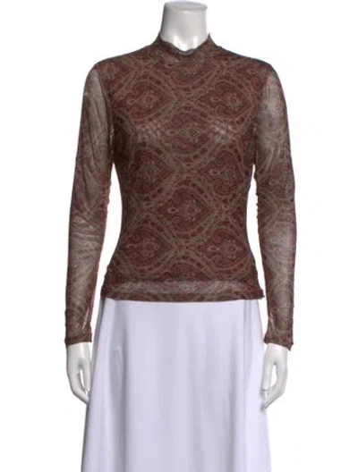 Pre-owned Ronny Kobo Paisley Print Mock Neck Top In Brown