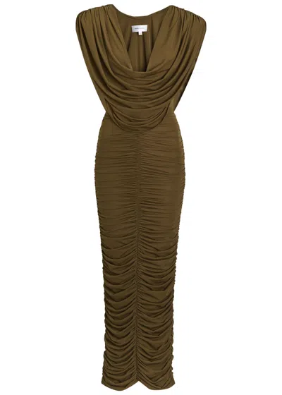 Ronny Kobo Parish Cowl-neck Ruched Stretch-mesh Midi Dress In Green