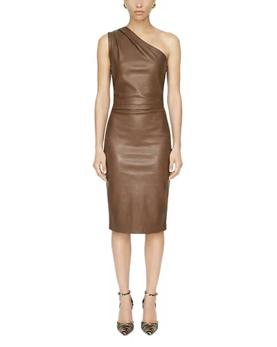 Ronny Kobo Pelle One Shoulder Faux Leather Dress In Brown